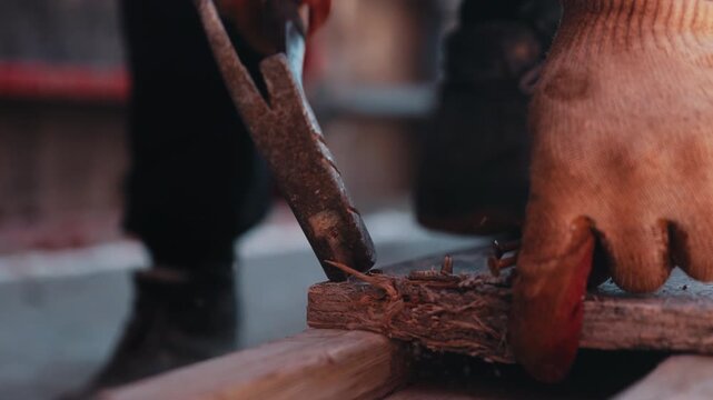 Worker hammering nail into timber formwork during construction