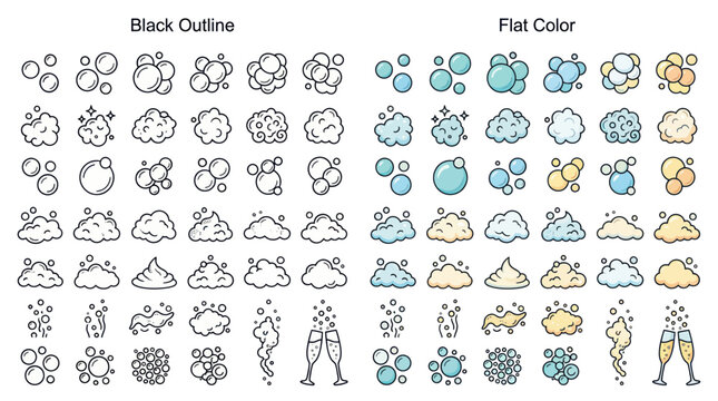 Soap bubbles and foam icons set for cleaning and beverage