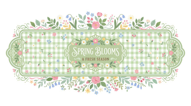 Spring blooms floral banner with green gingham pattern background