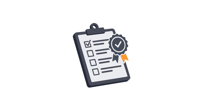 A clipboard with a checklist and a quality assurance seal icon on a white background