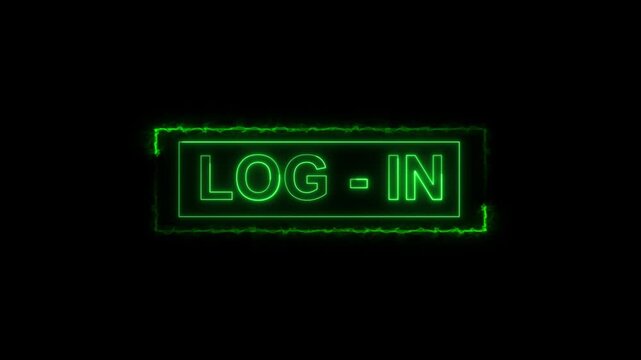 Glowing green neon login sign icon with fiery border on black. Web member account interface symbol for user access authentication. Animated letter graphics.