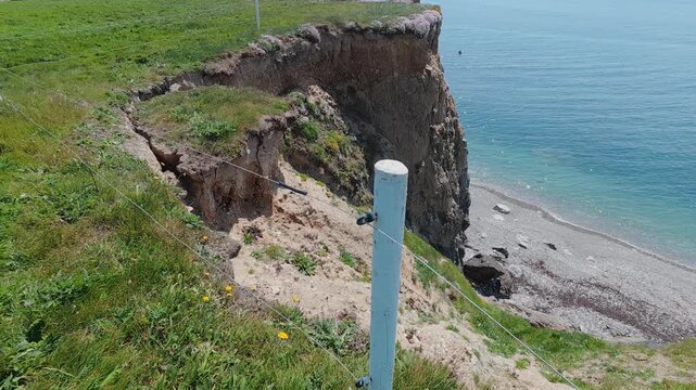 Coastal erosion on sea cliffs at Copper Coast Waterford Ireland, landslip and loss of farmland after winter storms