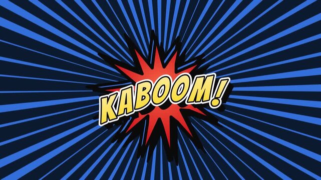 Comic book style kaboom text floating in jagged burst on rotating blue radial background, pop art onomatopoeia