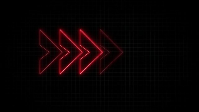 Red neon arrows moving forward with fading motion blur on grid. Fast direction indicator symbol for modern interface navigation tracking. Animated graphics.