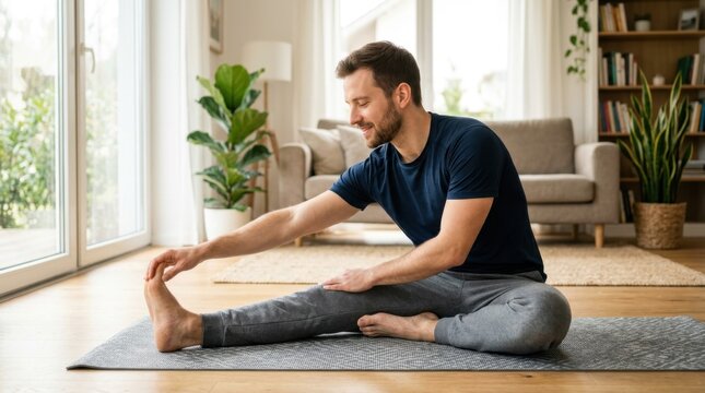 Smiling man doing seated hamstring stretch on yoga mat in bright living room at home, relaxed morning wellness and flexibility exercise for healthy lifestyle, fitness and self care concepts
