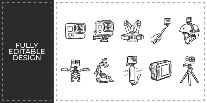 Action camera and photography accessories hand drawn doodle icons set featuring gopro mount tripod and recording equipment for adventure travel and vlogging design