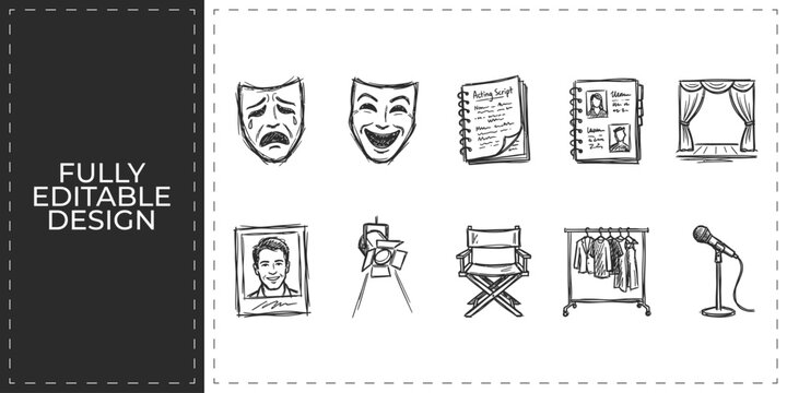 Professional theater and acting hand drawn doodle icons set featuring drama masks costume and stage spotlight for performance arts and cinematography design concept