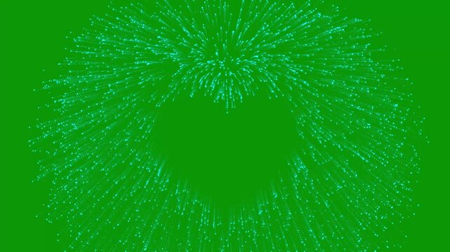 Hart shape 2D blue fireworks explosion lighting up the night sky, festival celebration with bright sparkling lights, linear fireworks with blue rays on a green screen, blue 2D fireworks in 4K.