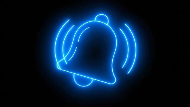 A glowing blue neon notification bell icon on black background