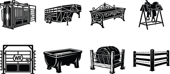 Detailed black silhouette collection of ranch and farm equipment including cattle chute, trailer, trough, and fencing © MdAsraful