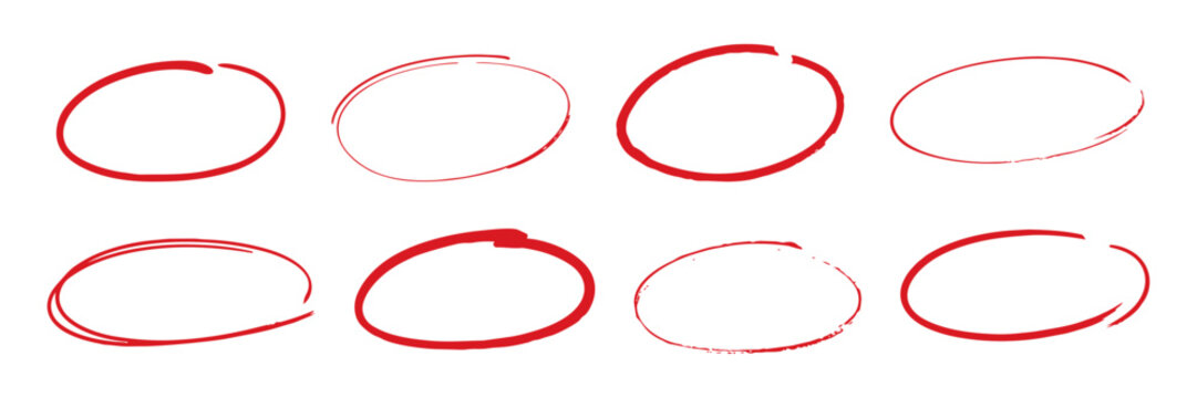 Red line brush oval vector collection, bold hand painted ellipse strokes and circular ink marks in rough expressive style. Artistic highlight and emphasis graphic design element set