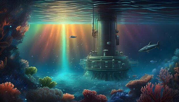 Photorealistic deep ocean thermal vent with research submarine nearby, bioluminescent scene with extreme depth