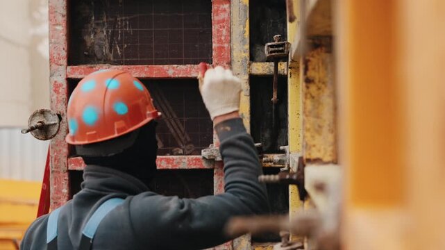 Worker inserting formwork tie rod into wall formwork system