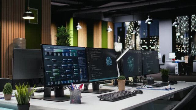 Computer in office used to automate app development tasks with AI scripts. PC monitors in empty workplace leverage artificial intelligence to accelerate feature implementation for coding workflows.