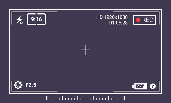 Camera viewfinder. Focusing screen recording. Black screen camera with video shooting parameters, photo quiality indicators. Digital zoom recording for modern vector bloggers