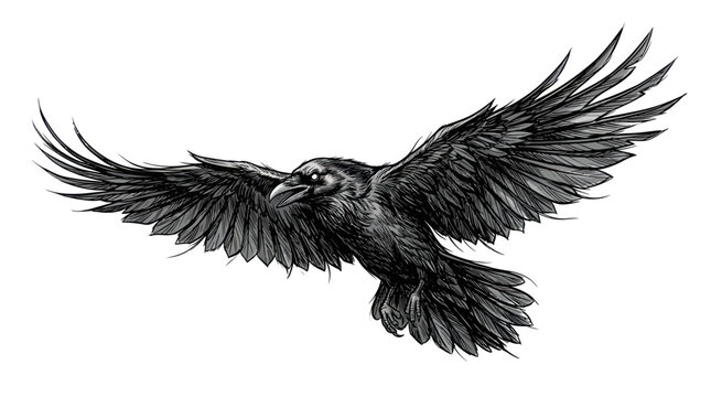 Detailed black and white raven in flight with spread wings