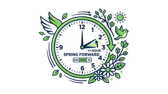 Spring forward daylight saving time clock with floral elements