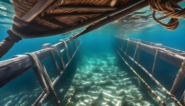Photorealistic underwater view looking up at traditional Maldivian fishing dhow hull, clear water