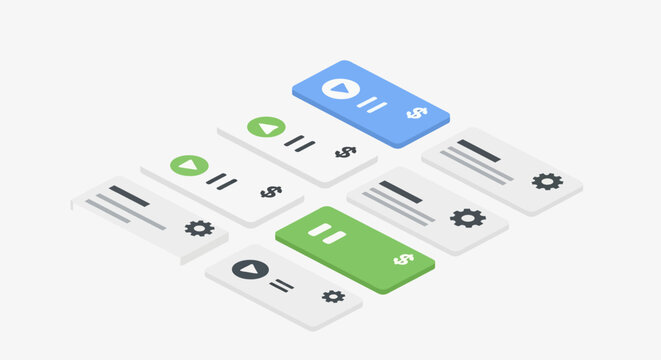 A collection of isometric digital interface cards with various control icons displayed