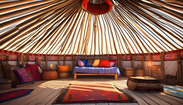 Photorealistic interior of traditional Mongolian yurt, colorful textiles with central fire, warm light