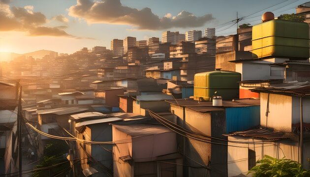 Photorealistic S&atilde;o Paulo Brazil favela rooftops at golden hour, water tanks and satellite dishes