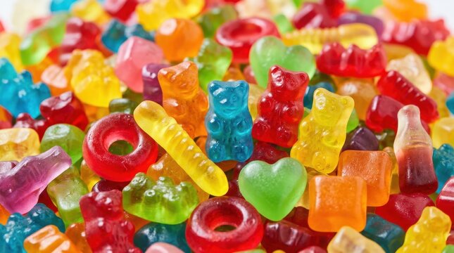 Colorful assorted gummy candies with bear, ring, bottle, heart and worm shapes piled together in a bright close-up, creating a sweet playful background for confectionery and snack themes
