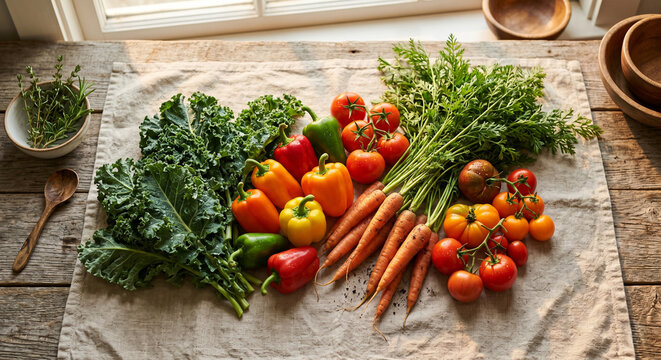 Fresh vegetables flatlay linen kale tomatoes food photography