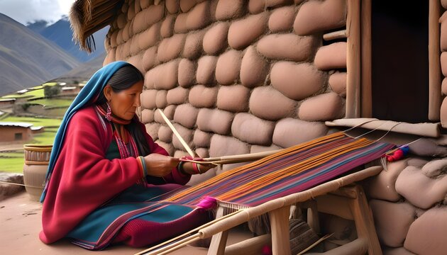 Photorealistic Peruvian Andean woman weaving textiles in mountain village, traditional loom, representing adventure lifestyle, outdoor freedom, and scenic beauty