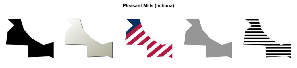Obraz premium Pleasant Mills (Indiana) blank outline map set