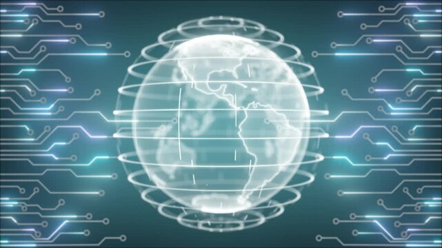 colourful rotating hi tech hologram globe with motherboard chip big data hi tech designloopable  dark technology background 