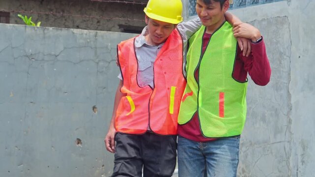 Builder helping a limping coworker after an occupational accident on an industrial site.