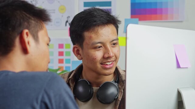 Cheerful young graphic designer smiling while working on digital artwork in studio workspace