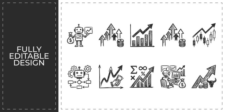 Financial growth and business success hand drawn doodle icons set featuring investment charts profit arrows and data analysis symbols for corporate marketing design