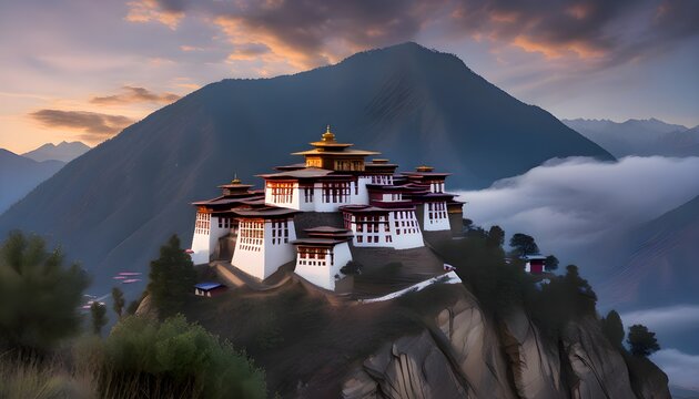 Photorealistic Bhutanese architecture monastery on cliff at blue hour, prayer flags with mountain mist, representing adventure lifestyle, outdoor freedom, and scenic beauty