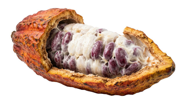Fresh ripe cocoa fruit pod cut open with organic raw cacao beans inside