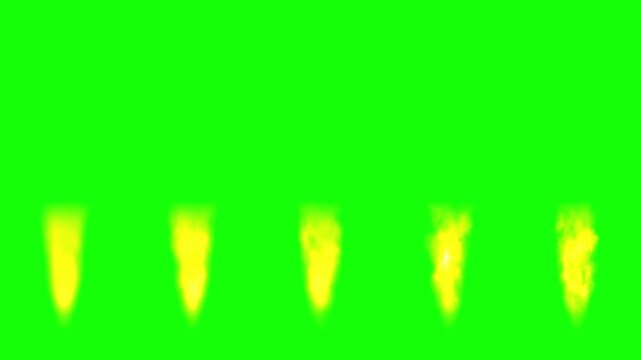 Flames erupt in five distinct vertical columns against a high-contrast green screen background to allow for seamless integration into action sequences or creative fire-themed digital video projects.