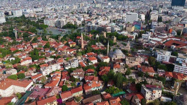 drone above the dense red roofs of historic traditional houses in Kaleici old town. Urban pattern architecture of a Mediterranean resort city in Turkey