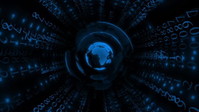 Royal blue color globe rotating and flowing into binary code 3d tunnel hi tech design dark technology background