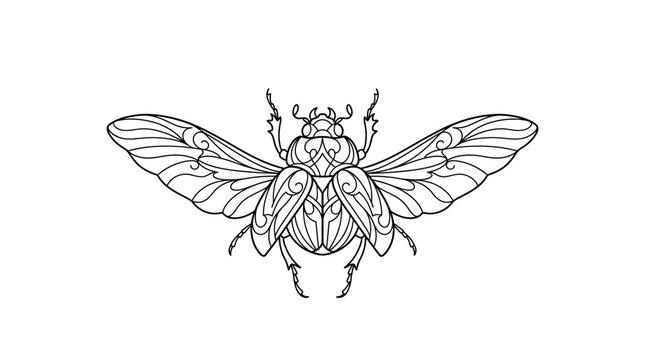 Intricate Line Art Beetle with Open Wings, Stylized Insect Illustration