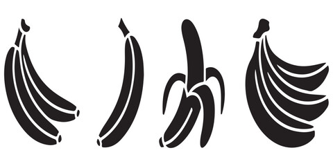A set of four banana icons isolated on white background depicting a bunch, a single, a peeled, and another bunch. © MONSUR.99