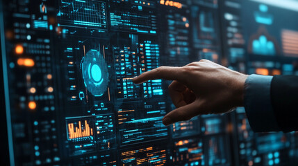 Obraz premium Close-up of cybersecurity analyst reviewing digital security dashboard with glowing data streams, modern technology environment, realistic stock photography