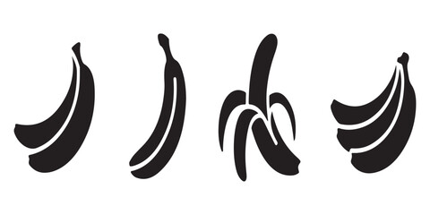 Collection of four banana illustrations isolated on white background showcasing different styles of the fruit. © MONSUR.99