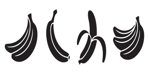 Four distinct banana icons isolated on white background including a bunch, a single fruit, and a peeled banana. © MONSUR.99