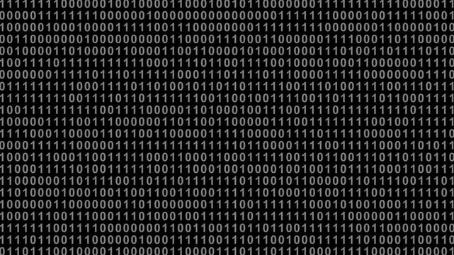 Binary Code on Black Digital Background. Rows of ones and zeros in a binary pattern create a digital data backdrop, symbolizing coding and information processing.4k animation video