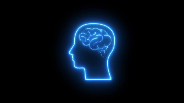 Neon brain icon animation. Futuristic glowing polygonal diagram of the human brain in the form of connected lines. Abstract circuit brain animation.