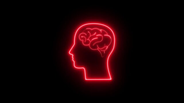 Neon brain icon animation. Futuristic glowing polygonal diagram of the human brain in the form of connected lines. Abstract circuit brain animation.