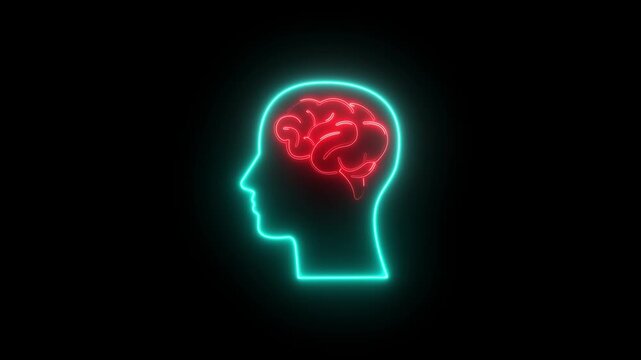 Neon brain icon animation. Futuristic glowing polygonal diagram of the human brain in the form of connected lines. Abstract circuit brain animation.