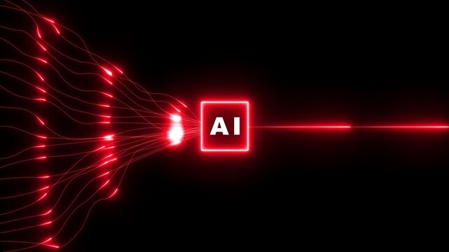 Glowing Red Lines Converging on AI Symbol with Data Flow on Black Background artificial intelligence. 4k animation video.