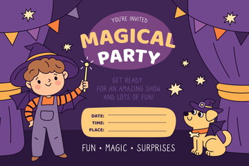 Obraz premium Wizard kids party. Little illusionist with pet and magic wand, kids holiday invitation design, funny boy, halloween dog, entertainment character garish vector cartoon isolated concept