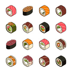 Vector set sushi rolls, traditional asian food, japanese cuisine. Sushi with rice, tempura shrimp, cream cheese, cucumber, caviar tobiko, soy sauce, sesame seeds. Ikura Gunkan Maki Sushi Illustration © lydmylaishchenko